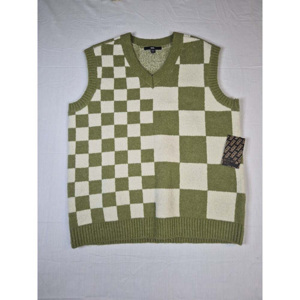 Vans Courtyard Checker Sweater Vest Green Mens Size XS Green White Grandpa New